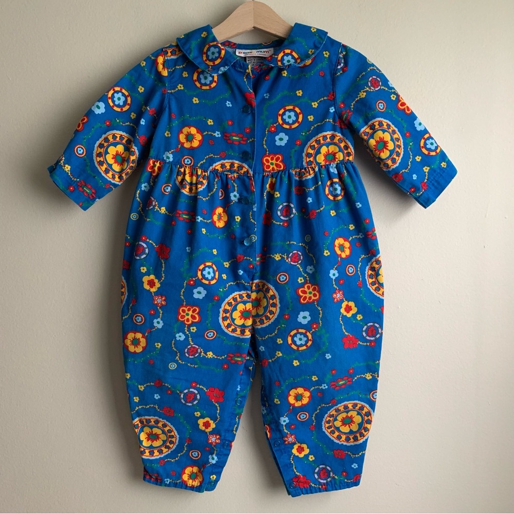 Vintage Please Mum Blue Floral Cotton Long Sleeve Baby Jumpsuit Size 12 Months
